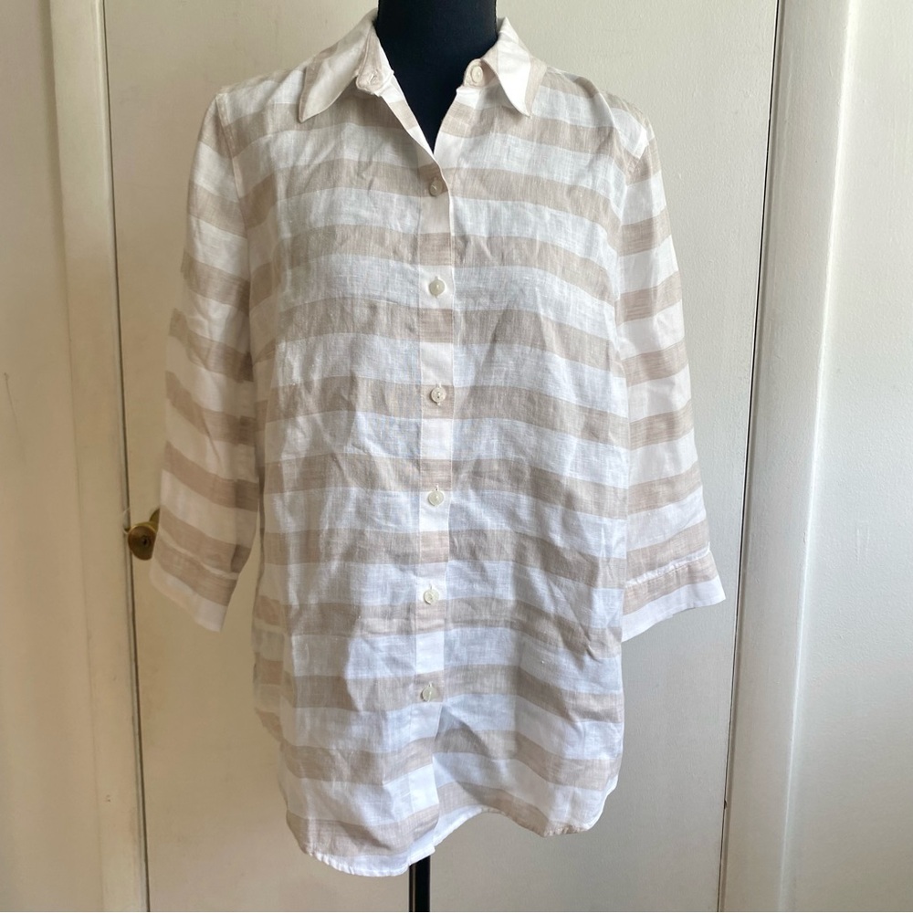 Chicos White & Beige Striped Linen Button Up Shirt